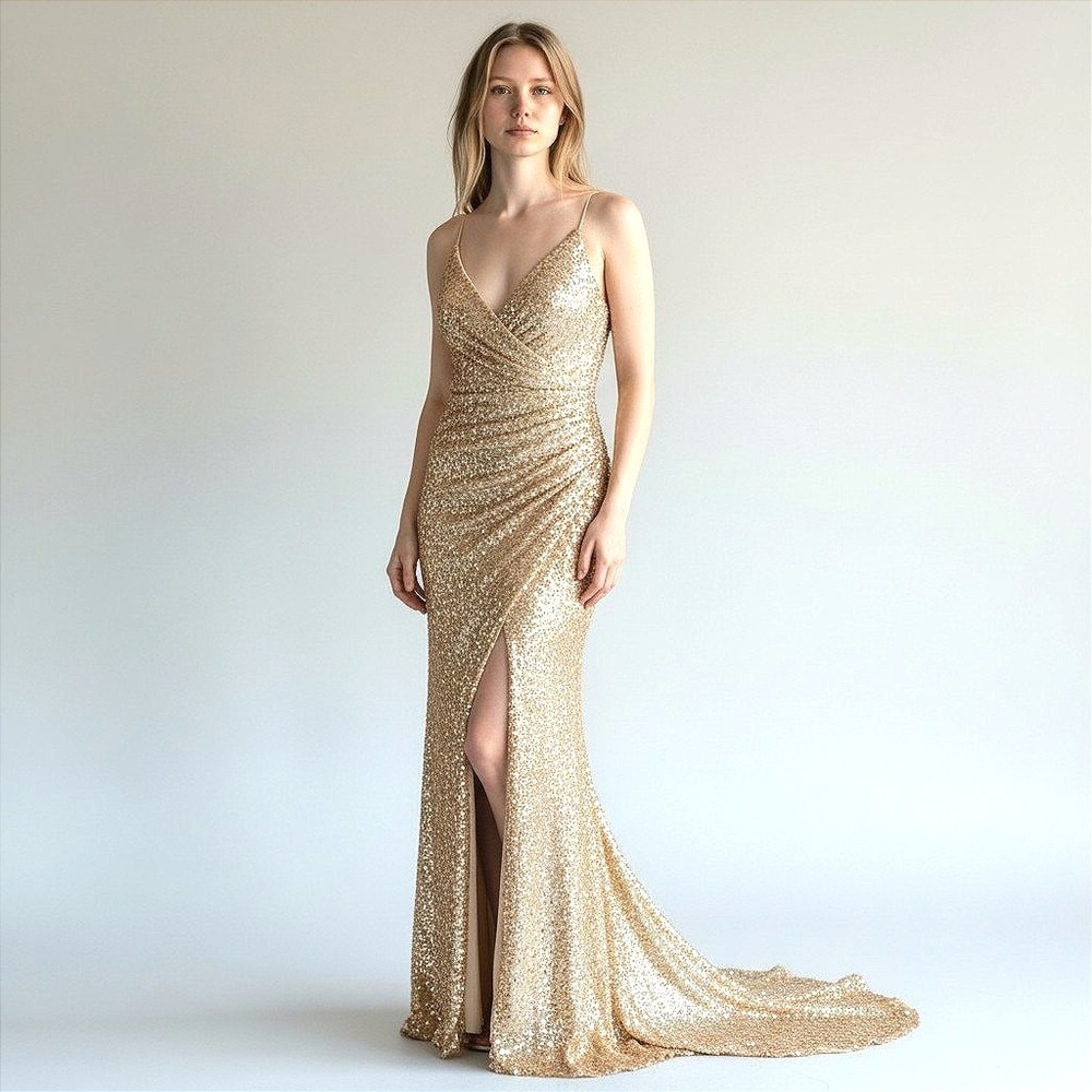 Gold Sequin Strapless Evening Gown Long Train Champagne Formal‎ Prom Dress S